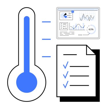 Termometre illüstrasyonu, bir kontrol listesinin yanı sıra grafik ve veri içgörülerini gösteren dijital bir gösterge paneline bağlandı. Sağlık, araştırma, planlama, analiz, üretkenlik, hassasiyet, düz basit