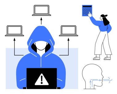 Diz üstü bilgisayarı ve veri bağlantıları olan kapüşonlu bir bilgisayar korsanı hesaplamalar ve uyarı sembolleri üzerinde çalışan bir kadın. Siber güvenlik, hackleme, dolandırıcılık, veri koruması, sistem ihlali, analiz riski için ideal