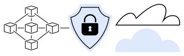 Kilit ve bulut simgeleriyle bir kalkana bağlanan engelleme zinciri, veri güvenliği, bulut depolama ve merkezi olmayan sistemleri temsil ediyor. Gizlilik, şifreleme, güvenlik, teknoloji ve bulut için ideal
