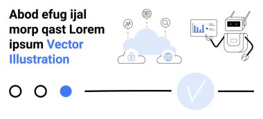 Çizelgede veri sunan robot, bulut depolama simgeleri ve bağlantı hatları. Teknoloji, veri analizi, bulut hesaplama, otomasyon, dijital pazarlama, yapay zeka ve bilgi paylaşım kavramları için ideal