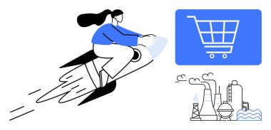 İlerlemeyi simgeleyen bir roketteki kadın, çevrimiçi ticaret için alışveriş arabası ve üretimi yansıtan endüstriyel sahne. Ticari büyüme, yenilik, e-ticaret, hız ve teknoloji için ideal