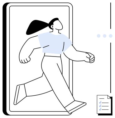 Güçlü bir kadın, akıllı telefondan güvenli bir şekilde kontrol listesinin yanına adım atarak güçlendirmeyi, yeniliği, büyümeyi ve başarıyı sembolize ediyor. Teknoloji için ideal, kendini geliştirme, kariyer, motivasyon hedefi