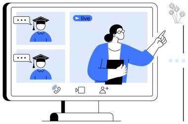 Öğretmen ekranda lisansüstü öğrencileriyle canlı yayın yapıyor. Eğitim, e-öğrenme, webinarlar, eğitim, uzaktan öğrenme, sanal toplantı, profesyonel gelişim için idealdir. Düz basit