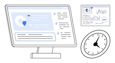 Bilgisayar ekranında analitik gösterge paneli, pasta çizelgesi, kontrol listesi, performans çizelgesi ve saat var. Üretkenlik, analitik, zaman izleme, iş hedefleri, verimlilik, ofis için ideal