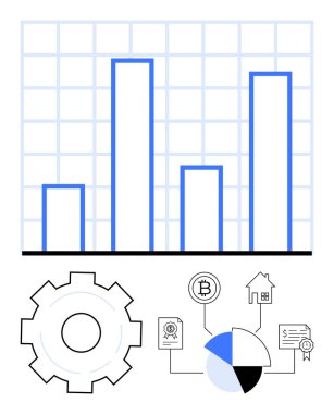 Mavi çizgili bar çizelgesi, çark, kripto para birimi simgesi, ev, sertifika ve pasta grafiği. Finans ve yatırım analizi için ideal iş büyüme stratejisi planlaması. Düz basit