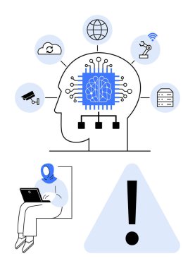 Beyin, devreler ve simgelere bağlı yapay zeka elemanlarıyla entegre edildi. Bulut, ağ ve kameralar parmakla gösteriliyor. Uyarı sembolünün yanında dizüstü bilgisayar kullan. AI, yenilik, eğitim, veri güvenliği için ideal