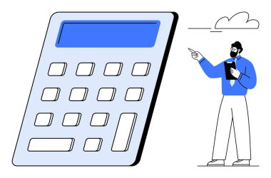 Elinde tablet olan bir işadamı, finans ve planlama kavramlarını gösteren büyük bir hesap makinesi. Muhasebe, bütçe, analiz, eğitim, problem çözme, dijital araçlar, daire