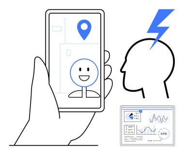 Coğrafi konumlandırma haritalı akıllı telefon, gülen yüz ikonu, fikirleri gösteren yıldırımlı insan kafası ve analitik gösterge paneli. Teknoloji, yaratıcılık, veri görselleştirme, UIUX için ideal