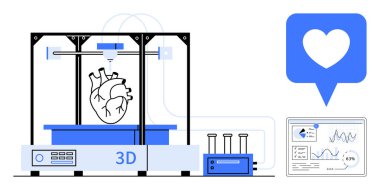 Kalp ikonu ve verileri analiz eden dijital sağlık paneli eşliğinde bir insan kalbi modeli hazırlayan 3D yazıcı. Yenilik, sağlık, teknoloji, araştırma, tıp bilimi ve eğitim için ideal