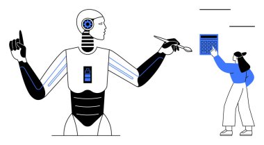 Fütürist robot, büyük bir hesap makinesi kullanan bir kadının yanında fırça ve el hareketleriyle birden fazla iş yapıyor. Teknoloji için ideal, yapay zeka, yaratıcılık, takım çalışması, eğitim, yenilik, otomasyon