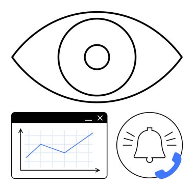 Yukarı doğru büyüyen grafiği, uyarı zili ve uyarı simgesi olan göz odaklama sistemi. İş, analitik, kullanıcı izleme, veri görselleştirme, alarm sistemleri, iletişim büyümesi için ideal