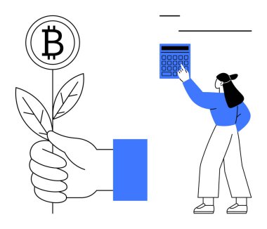 Bitcoin logosu elinde filizlenen bitki, kadın hesap makinesi üzerinde çalışıyor. Finans, kripto para birimi, tasarruf, yatırım, çevre dostu teknoloji, yenilik eğitimi için ideal. Düz basit metafor