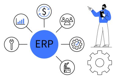 Merkezi ERP analitik, finans, takımlar, araçlar, kalite ve imalatı temsil eden ikonlarla çevrilidir. İşletme müdürü el hareketi yapıyor. İş için ideal, otomasyon stratejisi yönetim planlama