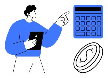 Elinde hesap makinesini işaret eden tablet tutan kişi dolar işareti olan bir madeni paranın yanında. Finans, bütçe, muhasebe, para yönetimi, tasarruf, dijital araçlar finansal planlama için idealdir. Düz basit