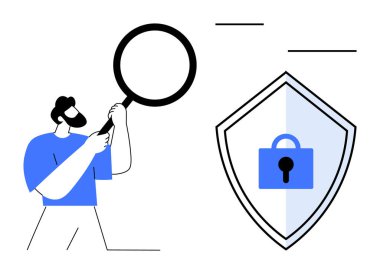 Elinde büyüteç tutan kişi kalkanı asma kilit ikonuyla kontrol ediyor. Siber güvenlik, veri koruması, güvenlik, analiz, soruşturma, mahremiyet ve çevrimiçi güvenlik için ideal. Soyut çizgi düz metafor