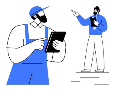 Üniformalı işçi tablet tutuyor, panoyu tutarken müdürden talimat alıyor. Takım çalışması, iletişim, liderlik, denetim, iş akışı, işbirliği planlaması için ideal. Düz