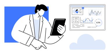 Grafikler, istatistikler ve bulut simgesinin yer aldığı analitik gösterge panelini referans gösterirken profesyonel inceleme tableti. Veri analizi, iş stratejisi, teknoloji ve verimlilik için ideal