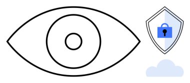 Eş merkezli daireleri olan göz, görüşü temsil eder. Kilitli kalkan, güvenliği simgeler. Bulut çevrimiçi veya veri depolama gösterir. Gizlilik, güvenlik, görüş, koruma, siber güvenlik için ideal