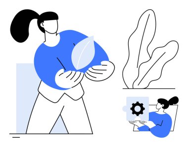 Doğanın bakımı için yaprak tutan kadın, teknoloji ve dişli yapboz parçaları ile eşleştirilmiş. Sürdürülebilirlik, doğa, yenilik, eko-bilinç, teknoloji, problem çözme, düz basit