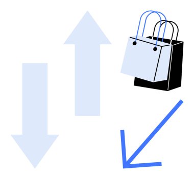 Yukarı aşağı oklu alışveriş torbaları ve çapraz ok. Piyasa eğilimleri, iş büyümesi, ekonomik göstergeler, borsa analizleri, tüketici davranışı, satış performansı, perakende satış