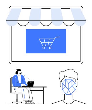 Alışveriş arabalı dijital mağaza önü, dizüstü bilgisayar kullanan kadın ve yüz tanıma sistemi. E-ticaret, siber güvenlik, yapay zeka, perakende, müşteri deneyimi, veri