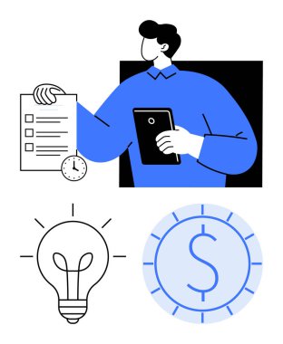 Elinde tablet ve kontrol listesi olan bir adam. Etrafı saat, ampul ve para ile çevrili. Üretkenlik, zaman yönetimi, yenilik, finans organizasyonu liderlik girişimciliği için idealdir. Düz