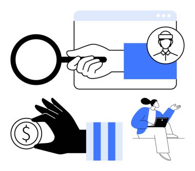 Tarayıcıdaki bir profilin üzerinde el ele büyüteç, elinde para, elinde dizüstü bilgisayar kullanan bir kadın. İşe alım, finans, uzaktan çalışma, liderlik, analitik, dijital araçlar iş stratejisi için ideal