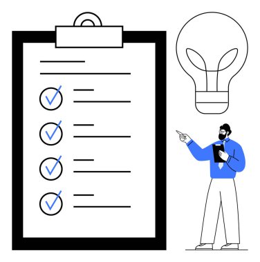 Mavi işaretli ayrıntılı kontrol listesi, yenilikçi çözümler için büyük ampul, görevlere işaret eden panosu olan adam. Organizasyon, üretkenlik, planlama, hedef belirleme için ideal