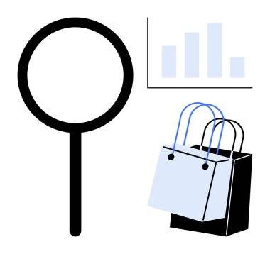 Büyüteç, bar grafiği ve alışveriş torbaları. Piyasa analizi, tüketici davranışı, perakende eğilimleri, e-ticaret anlayışları, iş büyümesi, satış stratejisi soyut düz metafor çizgisi
