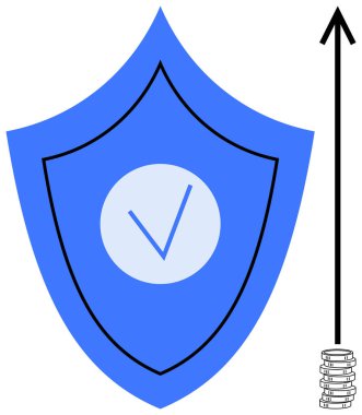 İşaretli mavi kalkan, üst üste istiflenmiş paraların yanındaki siyah ok. Finans, güvenlik, sigorta, yatırım, güven, başarı veri koruması için idealdir. Düz basit metafor