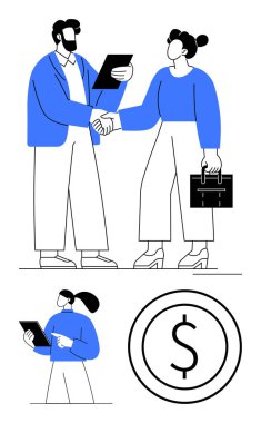 Profesyoneller el sıkışıyor, tablet ve evrak çantasını tutuyor, dolar işaretli daireler çiziyor. Takım çalışması, müzakere, ortaklık, finans, işbirliği ticareti için ideal. Düz basit metafor