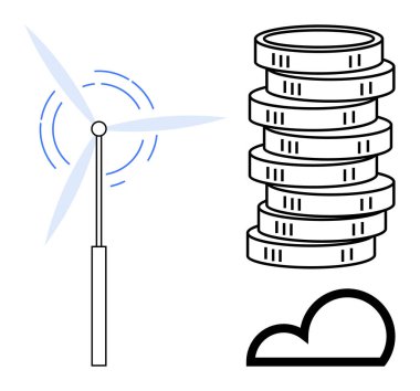 Rüzgar türbini dönüyor, yeşil enerjiyi temsil ediyor, para ve kar için istiflenmiş paraların yanında, ve sürdürülebilirliği, iklimi sembolize eden bir bulut. Enerji, iş, çevre ve kâr için ideal