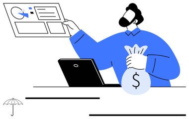 Para çantası tutan ve dizüstü bilgisayarın yakınındaki veri tablosuna bakan adam büyümeyi, zenginliği ve veri analizini vurguluyor. Finans, girişimcilik, strateji, yatırım, risk ticareti başarısı için ideal