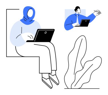 Asgari tasarım elemanlarıyla çevrili bir telefon görüşmesiyle iletişim kuran bir kişi dizüstü bilgisayar kullanıyor. Uzak çalışma, iletişim, teknoloji, çeşitlilik, işbirliği, eğitim, üretkenlik için ideal