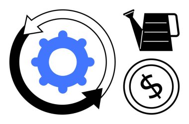 Dairesel oklu mavi dişli, siyah sulama kutusu ve dolar para büyümeyi, işlem optimizasyonunu ve finansal gelişimi sembolize ediyor. İş, finans, strateji ve yatırım için ideal
