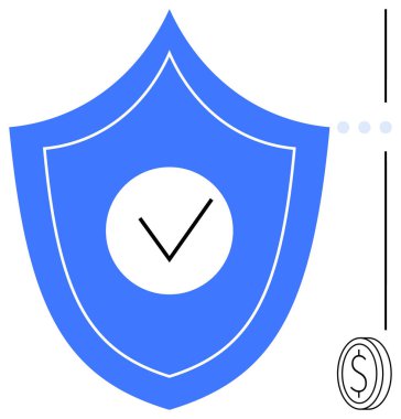 Mavi kalkanda güvenlik işaretleri, dikey çizgi, noktalar ve para sembolü var. Finans, güvenlik, güven, dolandırıcılık önleme çevrimiçi güvenlik onayı istikrarlı ekonomi için idealdir. Düz basit