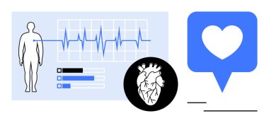 ECG çizgisi, kalp grafiği ve konuşma balonunda kalp ikonu yanında insan figürü. Sağlık, kardiyoloji, tıbbi uygulamalar, fitness, sağlık takibi, teşhis araçları için ideal düz metafor