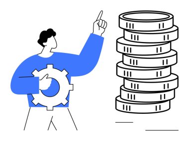 Teçhizatı elinde tutan kişi, servet, başarı, girişimcilik ve yatırım öneren yüksek bozuk para yığınını işaret eder. Finans, iş, strateji tasarruf kar planlama ekonomisi için idealdir. Düz basit metafor