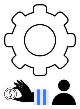 Gear süreç optimizasyonunu sembolize eder, para ile el finansal işlemleri yansıtır ve profil simgesi de kullanıcı etkileşimini simgeler. Teknoloji, finans, otomasyon, istihdam, iş akışı için ideal