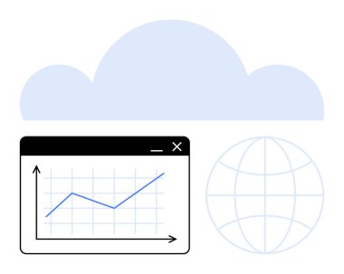 Tarayıcı penceresindeki, dünya ızgarasındaki ve bulut simgesindeki grafikler veri, araştırma ve küresel bağlantıları vurguluyor. Teknoloji, analitik, bulut depolama, ağ oluşturma işi yeniliği için ideal
