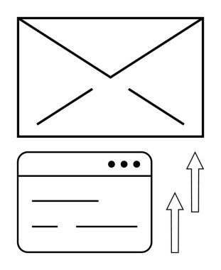 Tarayıcı penceresi ile eşleştirilmiş zarf sembolü ve e-posta iletimi, çevrimiçi kişi veya dijital mesajlaşma ileten yukarı doğru oklar. İletişim, pazarlama, bulut hizmeti, teknoloji, ağ kurmak için ideal