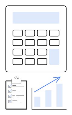 Hesaplayıcı, tamamlanmış görevleri olan kontrol listesi ve yukarı grafiksel ok finansal yönetim, iş stratejisi ve üretkenliği vurguluyor. Muhasebe, bütçe, haber, performans için ideal