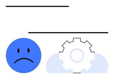 Mavi üzgün surat, vites ve bulut simgelerinin yanında. Üretkenlik, yenilik, verimlilik, problem çözme, işyeri sorunları, takım çalışması, sistem sorunları için ideal. Düz basit metafor