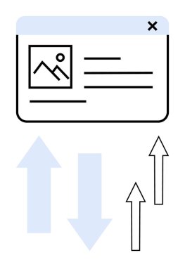 Okların yanındaki resim ve metin ögeleriyle birlikte yukarı ve aşağı yönleri gösteren web tarayıcı düzeni. Navigasyon, veri akışı, takım çalışması, sıralama, organizasyon, ilerleme, dijital araçlar için ideal