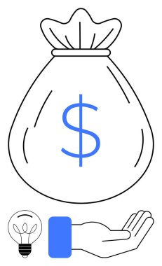 Para çantasını dolar işareti ve ampulle sunmak, finansmanı, yatırımları, finansal fikirleri, desteği, yeniliği, tasarrufu, büyümeyi sembolize ediyor. İş kurmak için ideal bankacılık hayır kurumu