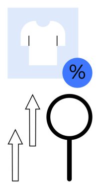 Beyaz tişört, yüzde mavi sembol, siyah büyüteç, yukarı doğru ok. E-ticaret, satış, alışveriş eğilimleri, analitik büyüme pazarlama moda ekonomisi için idealdir. Düz basit metafor