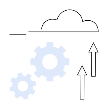 Yukarı doğru giden iki dişli ve okun üzerindeki bulut ana hatları teknolojik entegrasyonu, bulut hesaplama evlat edinmesini ve operasyonel gelişmeyi işaret ediyor. Teknoloji, yenilik, ilerleme ve veri için ideal