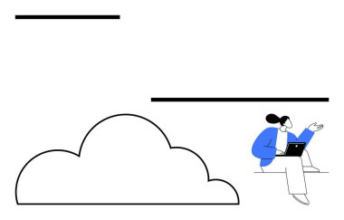 Bulut şeklindeki bir dizüstü bilgisayar kullanan kadın teknolojiyi, veri paylaşımını, takım çalışmasını ve modern iş akışlarını gösteriyor. Bulut hesaplama, veri depolama, uzaktan çalışma, yenilik teknolojisi eğilimleri için ideal