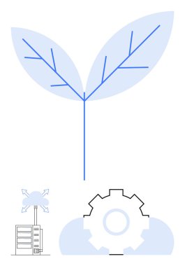 Tek bir gövdeden çıkan iki mavi yaprak, teçhizat ve bulut sembolleri, teknoloji odaklı ağ ve sunucu. Yenilik, teknoloji, sürdürülebilirlik, büyüme, ekoloji veri ilerlemesi için idealdir. Düz basit
