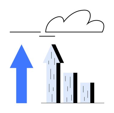 Asgari bulut seviyesinin altında yükselen dikey mavi ok gelişimi, gelişmeyi, başarıyı ve yeniliği simgeliyor. İş, finans, stratejik veri gelişimi motivasyonu için idealdir. Düz basit
